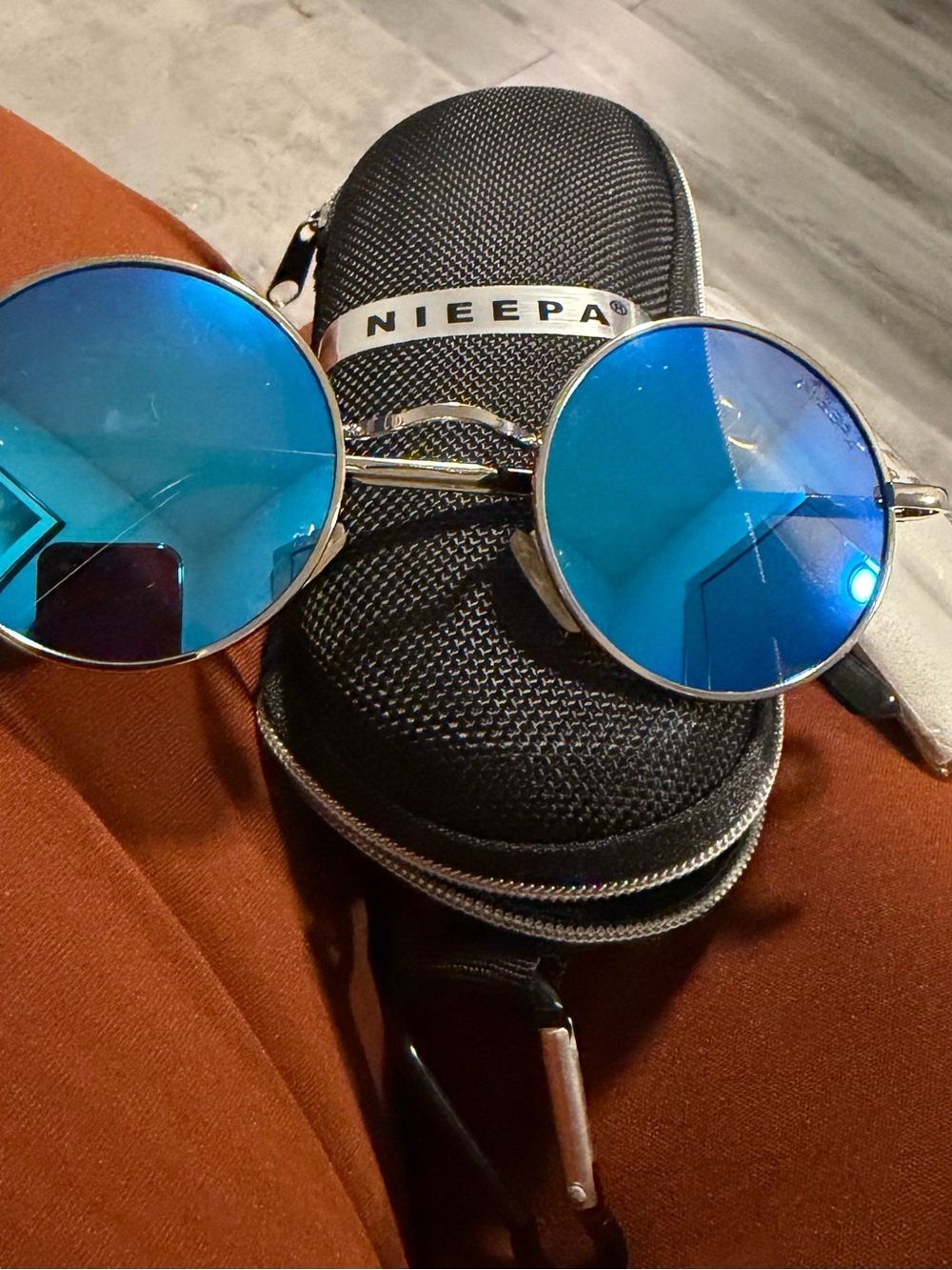 NIEEPA Round Blue Mirrored Sunglasses 😎 with Case